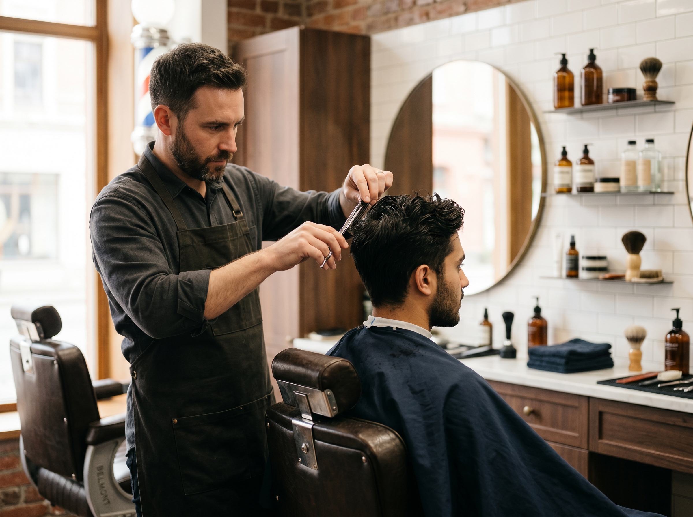 Professional barbershop interior with sharp branding and luxury feel
