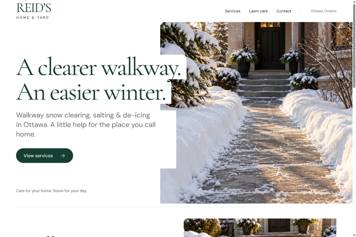 Reid’s Home & Yard website with an evergreen headline and a cleared snowy walkway in Ottawa